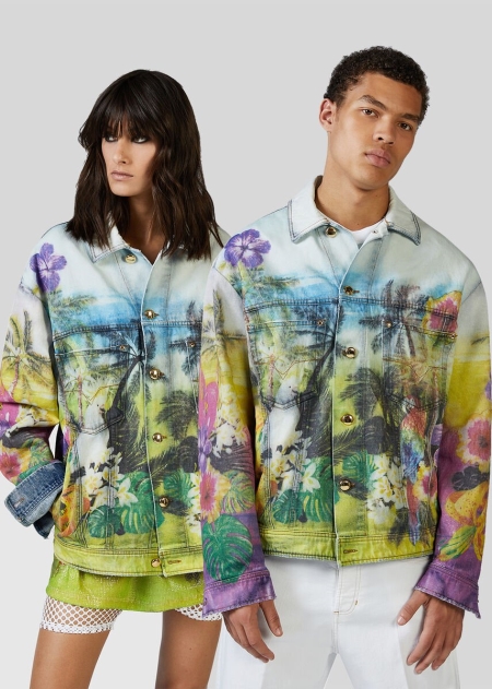 Jacheta Denim Versace Tropical Parrots Print Dama | HRFTKYD-05